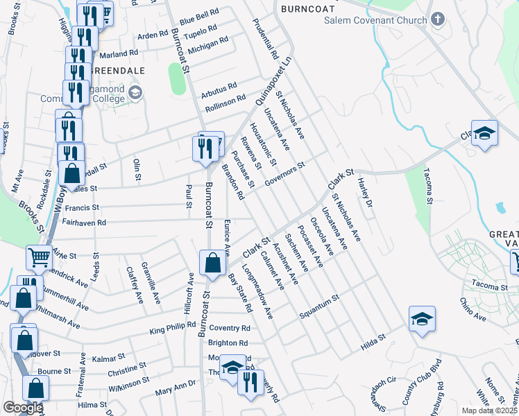 map of restaurants, bars, coffee shops, grocery stores, and more near 25 Rowena Street in Worcester