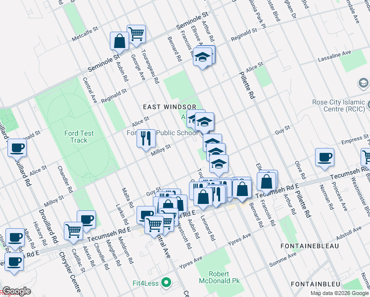 map of restaurants, bars, coffee shops, grocery stores, and more near 1810 Tourangeau Road in Windsor