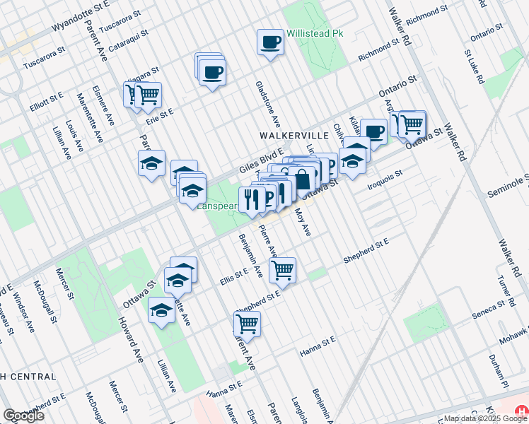 map of restaurants, bars, coffee shops, grocery stores, and more near in Windsor