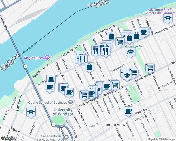 map of restaurants, bars, coffee shops, grocery stores, and more near 319 Bridge Avenue in Windsor