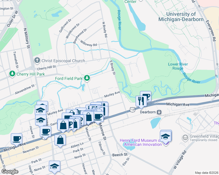 map of restaurants, bars, coffee shops, grocery stores, and more near 624 South Brady Street in Dearborn