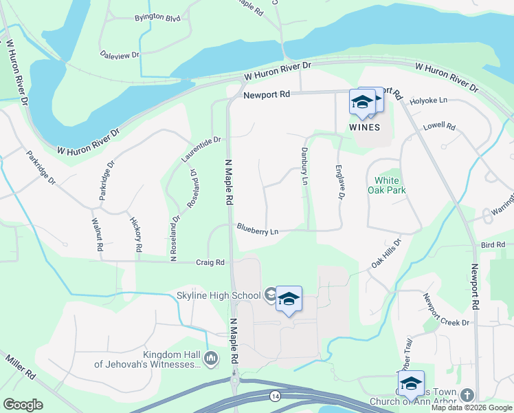 map of restaurants, bars, coffee shops, grocery stores, and more near 2649 Wayside Drive in Ann Arbor