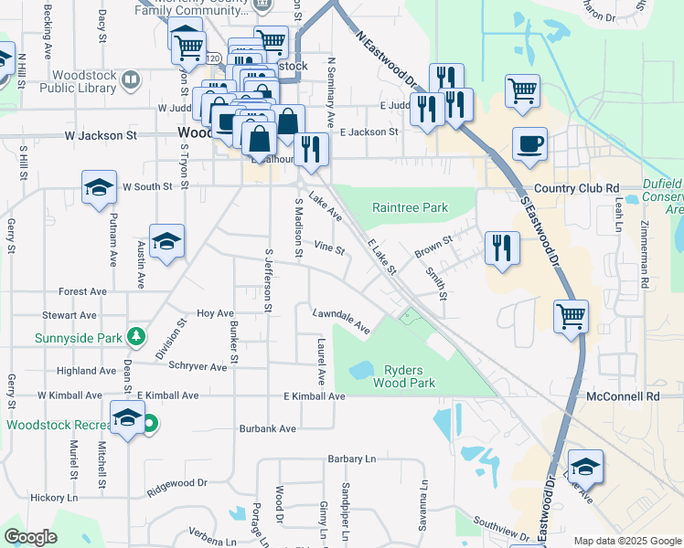map of restaurants, bars, coffee shops, grocery stores, and more near 342 Vine Street in Woodstock