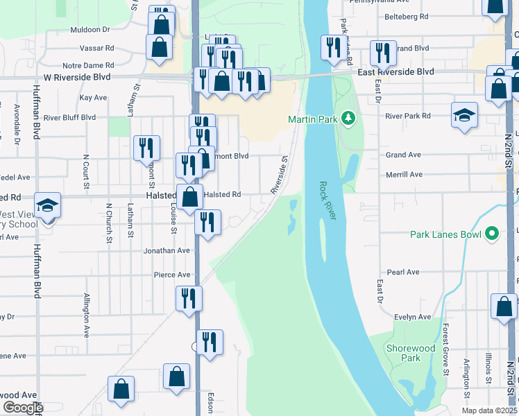 map of restaurants, bars, coffee shops, grocery stores, and more near 3405 Harrington Avenue in Rockford