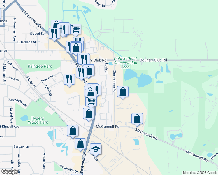 map of restaurants, bars, coffee shops, grocery stores, and more near 431 Leah Lane in Woodstock