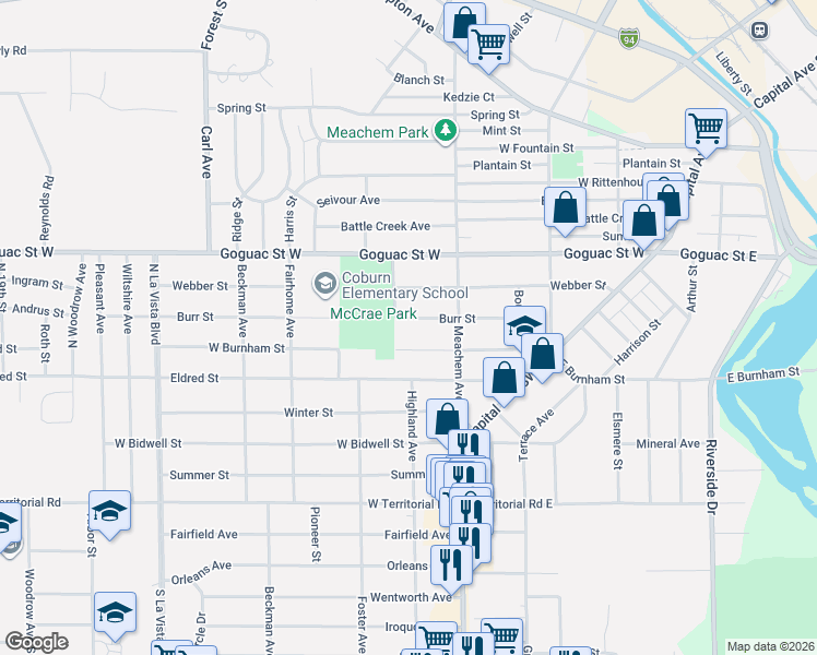 map of restaurants, bars, coffee shops, grocery stores, and more near 96 Burr Street in Battle Creek