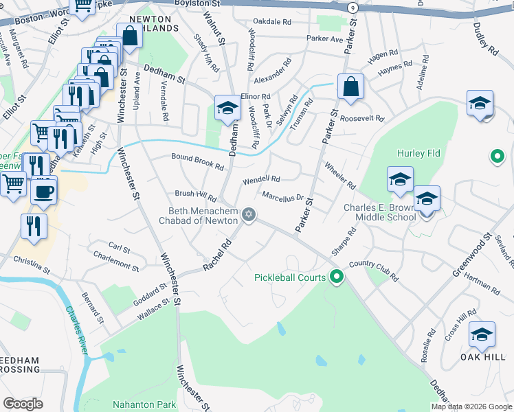 map of restaurants, bars, coffee shops, grocery stores, and more near 19 Boulder Road in Newton