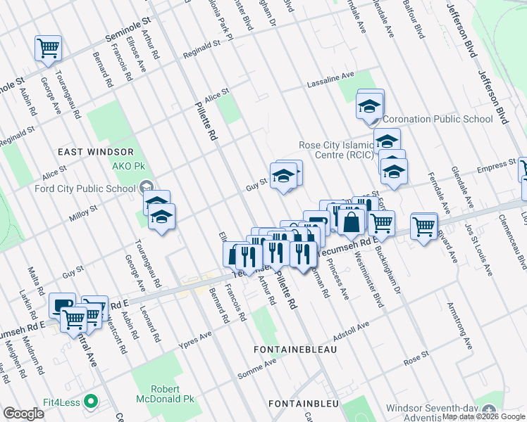 map of restaurants, bars, coffee shops, grocery stores, and more near 1953 Olive Road in Windsor