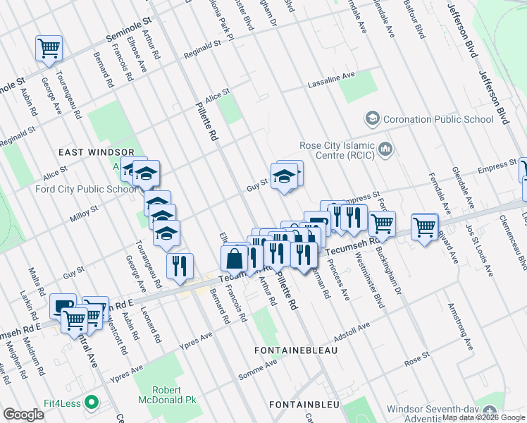 map of restaurants, bars, coffee shops, grocery stores, and more near 1908 Pillette Road in Windsor