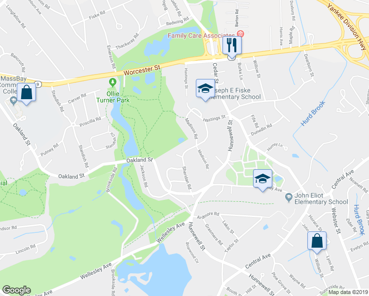 map of restaurants, bars, coffee shops, grocery stores, and more near 42 Sheridan Road in Wellesley
