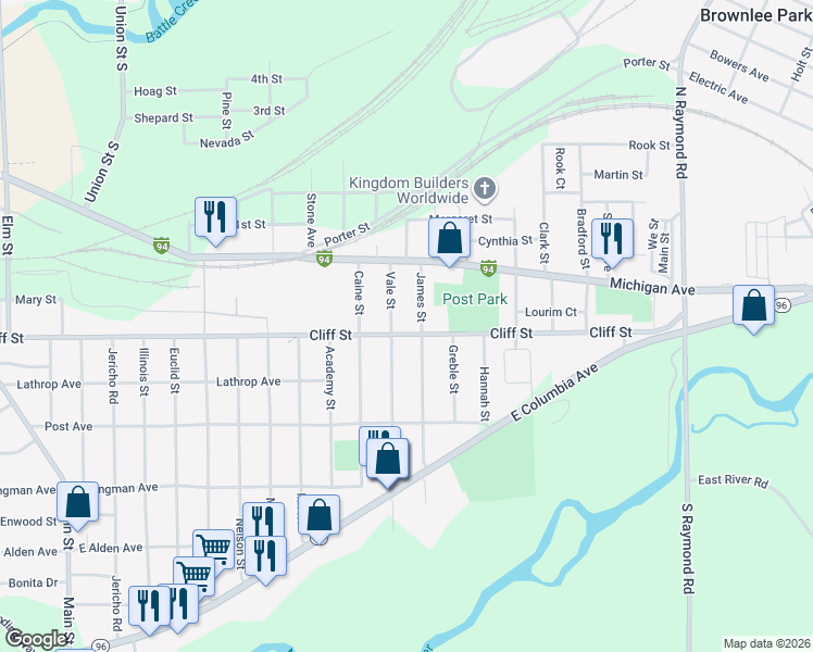 map of restaurants, bars, coffee shops, grocery stores, and more near 35 Vale Street in Battle Creek