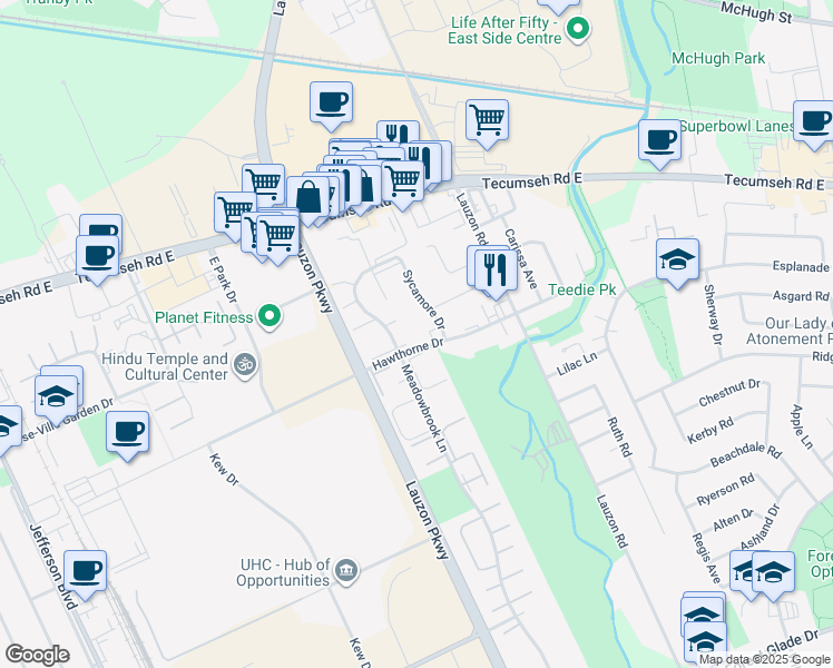 map of restaurants, bars, coffee shops, grocery stores, and more near 2625 Sycamore Drive in Windsor