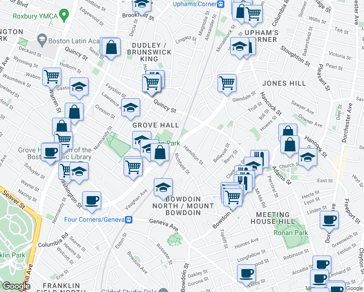 map of restaurants, bars, coffee shops, grocery stores, and more near 331 Columbia Road in Boston