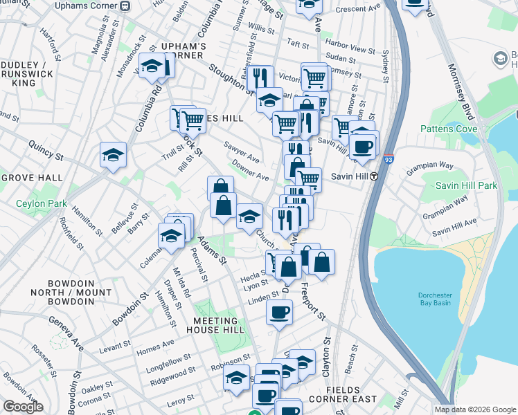 map of restaurants, bars, coffee shops, grocery stores, and more near 223 Hancock Street in Boston