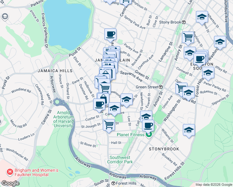 map of restaurants, bars, coffee shops, grocery stores, and more near 17 Greenough Avenue in Boston