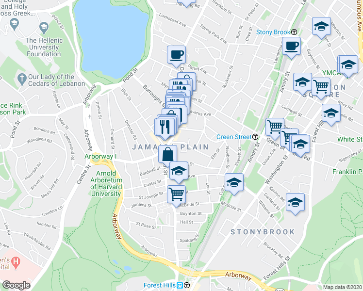 map of restaurants, bars, coffee shops, grocery stores, and more near 9 Greenough Avenue in Boston