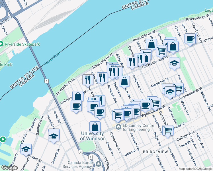 map of restaurants, bars, coffee shops, grocery stores, and more near 2225 University Avenue West in Windsor