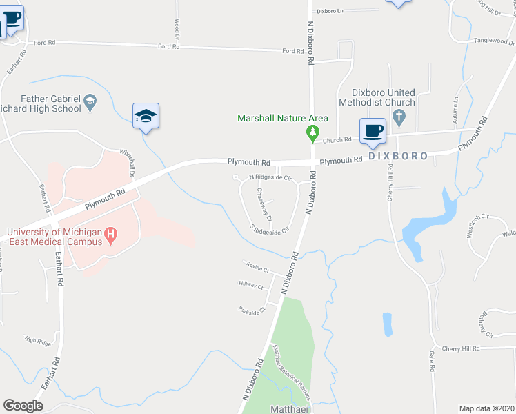 map of restaurants, bars, coffee shops, grocery stores, and more near 2847 Chaseway Drive in Ann Arbor