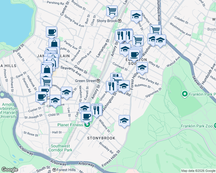 map of restaurants, bars, coffee shops, grocery stores, and more near 128 Brookside Avenue in Boston