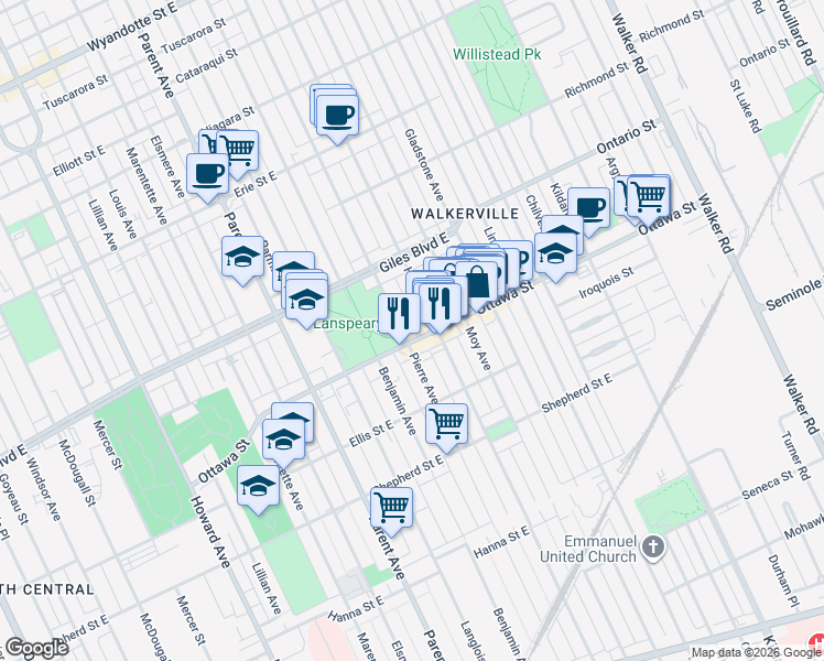 map of restaurants, bars, coffee shops, grocery stores, and more near 1230 Ottawa Street in Windsor