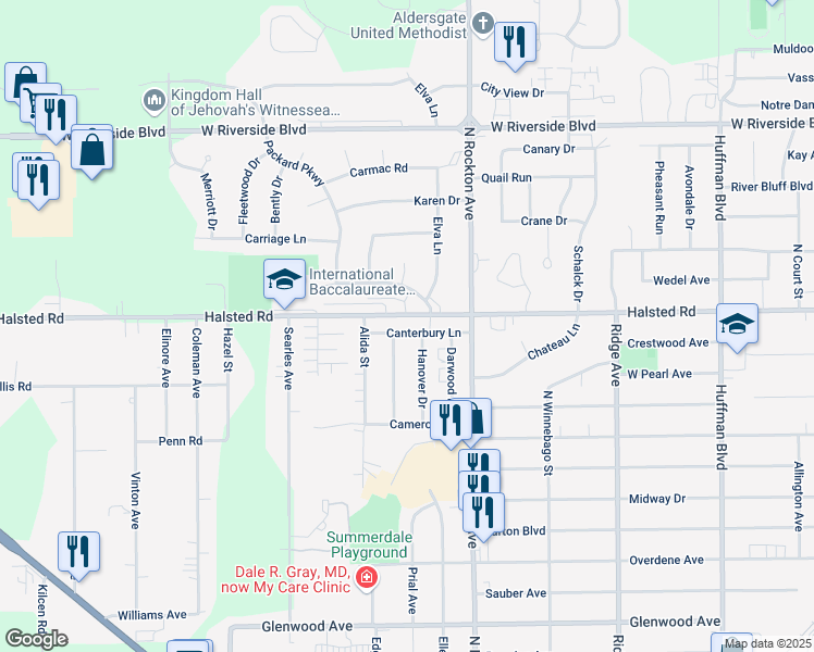 map of restaurants, bars, coffee shops, grocery stores, and more near 2713 Canterbury Lane in Rockford