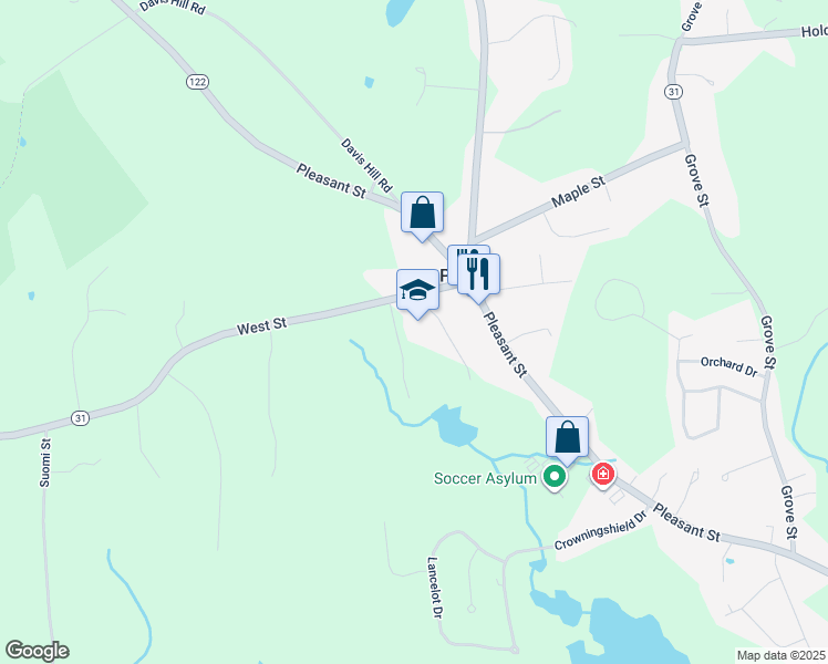 map of restaurants, bars, coffee shops, grocery stores, and more near 19 West Street in Paxton