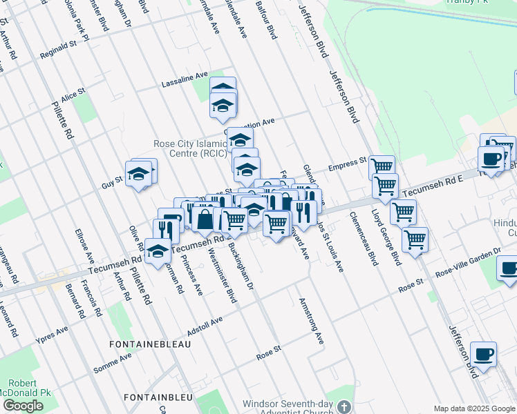 map of restaurants, bars, coffee shops, grocery stores, and more near 5411 Empress Street in Windsor