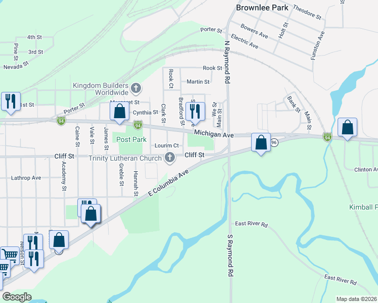 map of restaurants, bars, coffee shops, grocery stores, and more near 11 Cornwell Street in Battle Creek