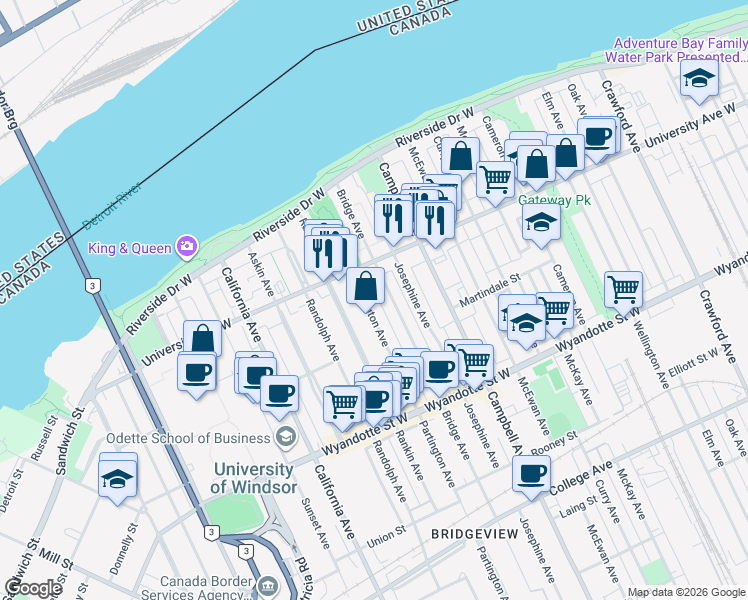 map of restaurants, bars, coffee shops, grocery stores, and more near 344 Partington Avenue in Windsor