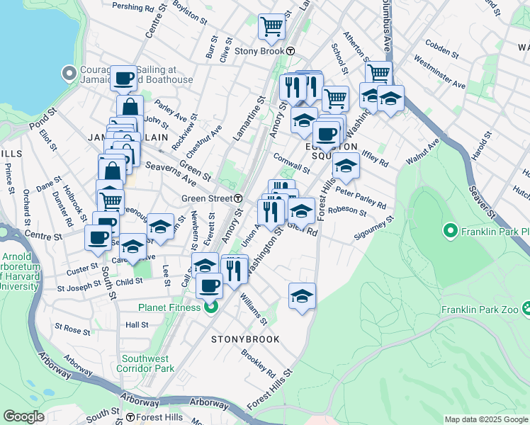 map of restaurants, bars, coffee shops, grocery stores, and more near 187 Green Street in Boston