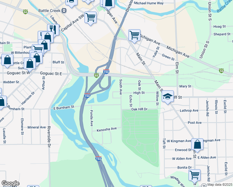 map of restaurants, bars, coffee shops, grocery stores, and more near 188 South Avenue in Battle Creek