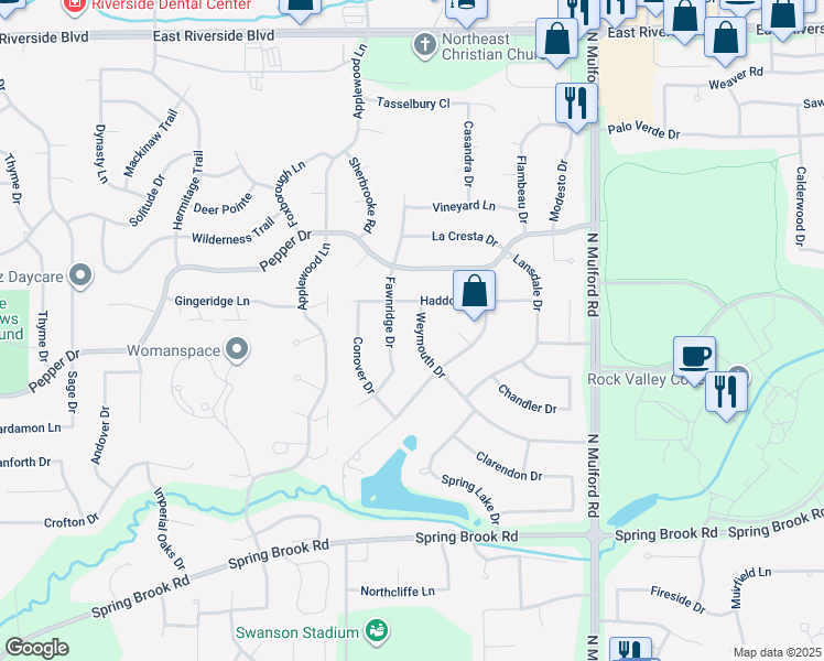 map of restaurants, bars, coffee shops, grocery stores, and more near 3465 Fawnridge Drive in Rockford