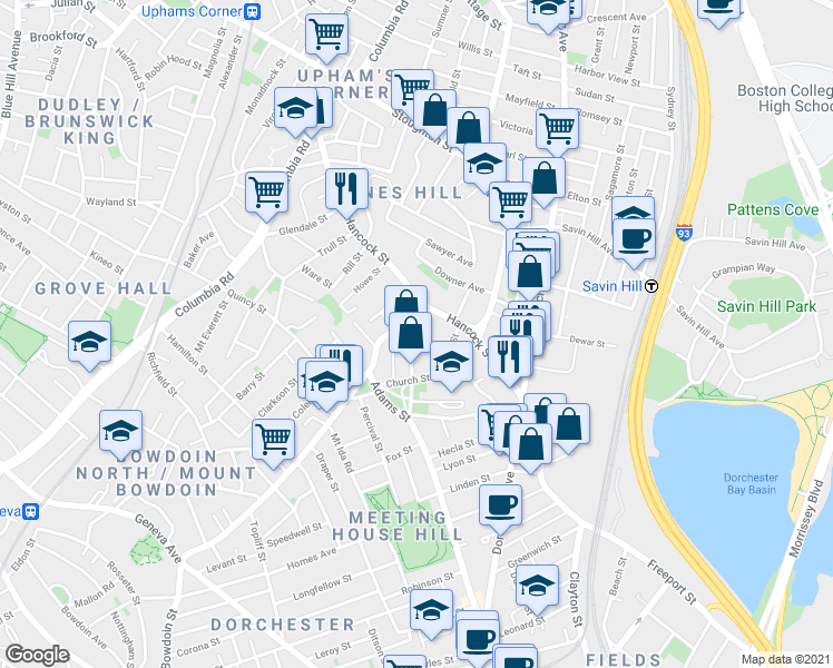 map of restaurants, bars, coffee shops, grocery stores, and more near 426 Bowdoin Street in Boston