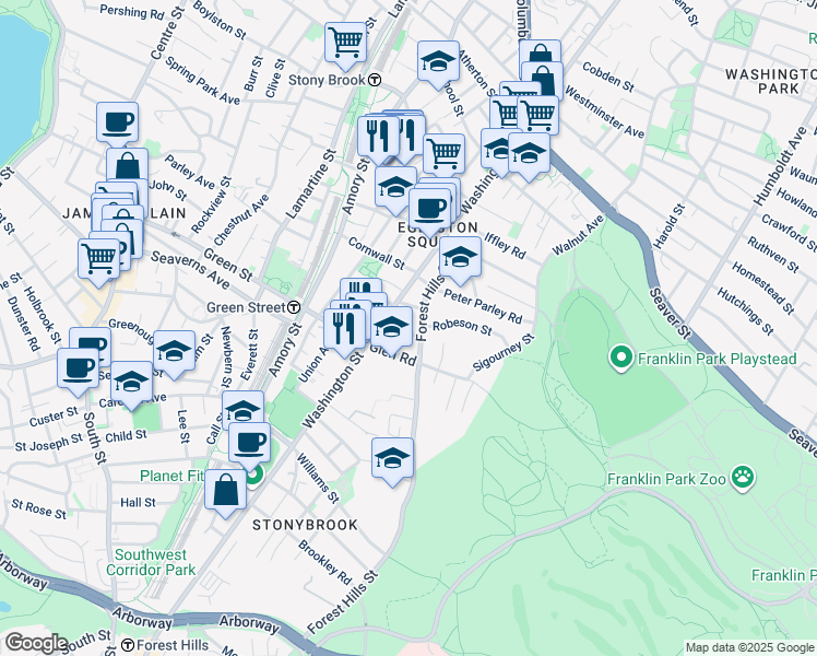 map of restaurants, bars, coffee shops, grocery stores, and more near 5 Sylvia Street in Boston