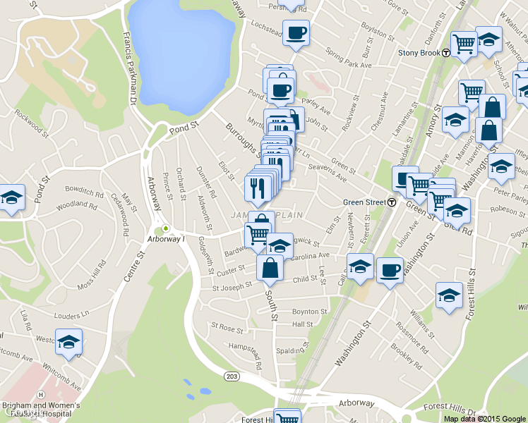 map of restaurants, bars, coffee shops, grocery stores, and more near 753 Centre Street in Boston