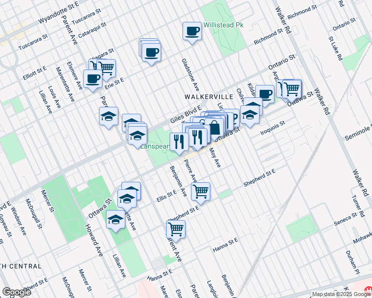 map of restaurants, bars, coffee shops, grocery stores, and more near in Windsor