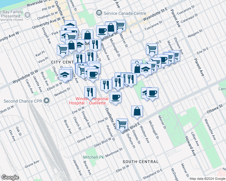 map of restaurants, bars, coffee shops, grocery stores, and more near 939 Goyeau Street in Windsor