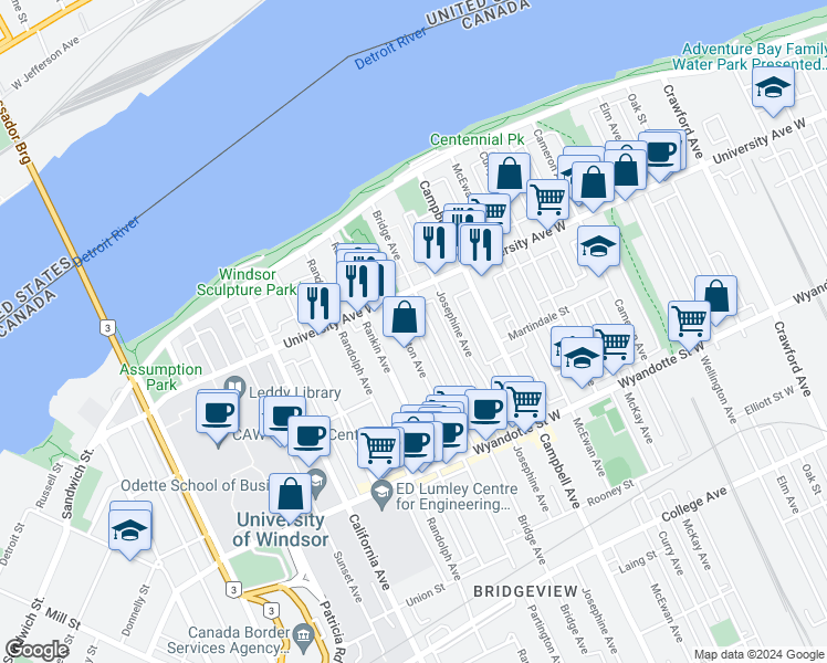 map of restaurants, bars, coffee shops, grocery stores, and more near 319 Bridge Avenue in Windsor