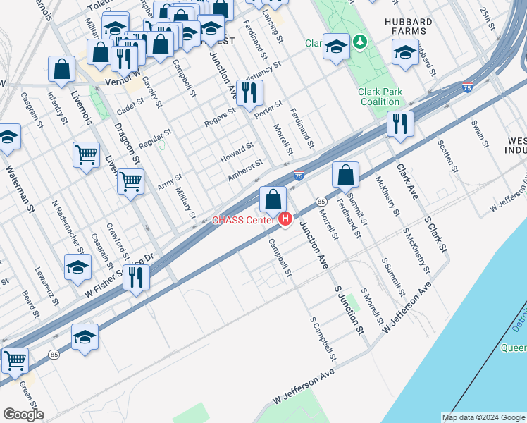map of restaurants, bars, coffee shops, grocery stores, and more near 760 Campbell Street in Detroit