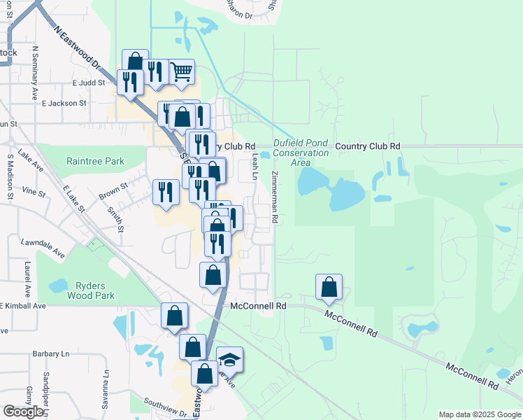 map of restaurants, bars, coffee shops, grocery stores, and more near 411 Leah Lane in Woodstock