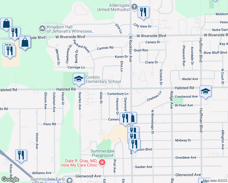 map of restaurants, bars, coffee shops, grocery stores, and more near 2625 Halsted Road in Rockford