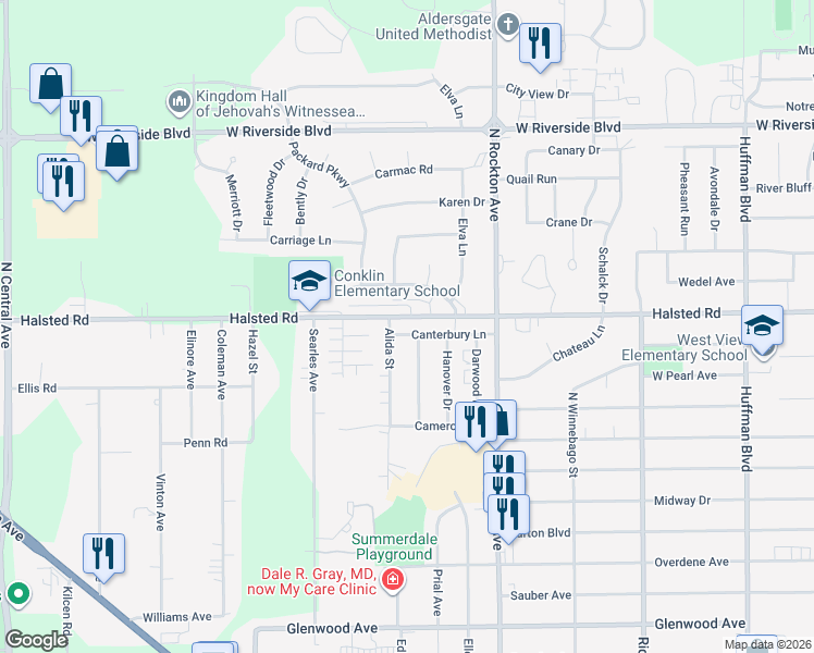 map of restaurants, bars, coffee shops, grocery stores, and more near 2625 Halsted Road in Rockford