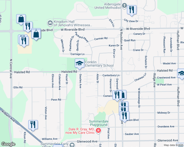 map of restaurants, bars, coffee shops, grocery stores, and more near 2809A Halsted Road in Rockford