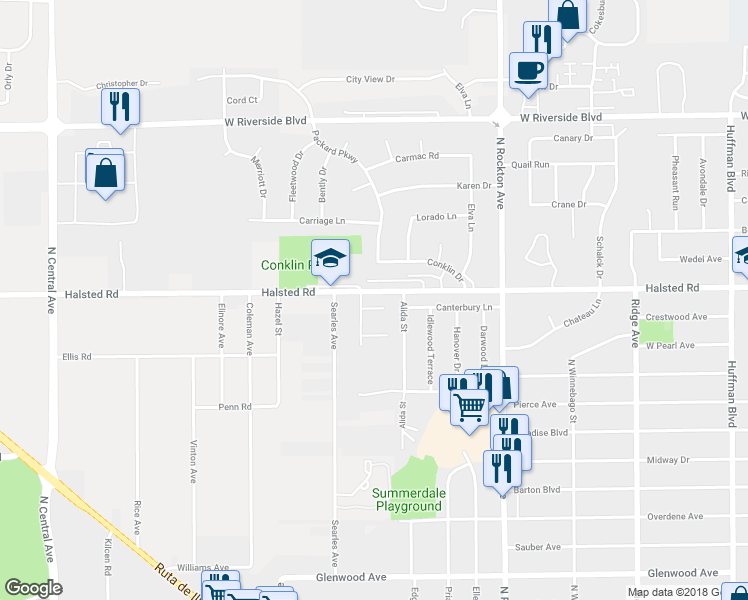 map of restaurants, bars, coffee shops, grocery stores, and more near 2917a Halsted Road in Rockford