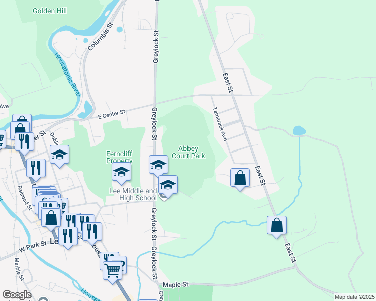 map of restaurants, bars, coffee shops, grocery stores, and more near 35 Tamarack Avenue in Lee