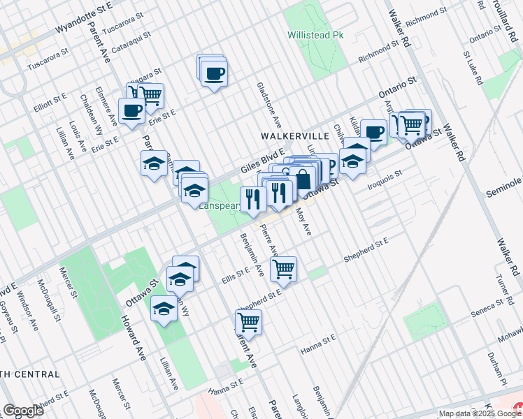 map of restaurants, bars, coffee shops, grocery stores, and more near 1230 Ottawa Street in Windsor