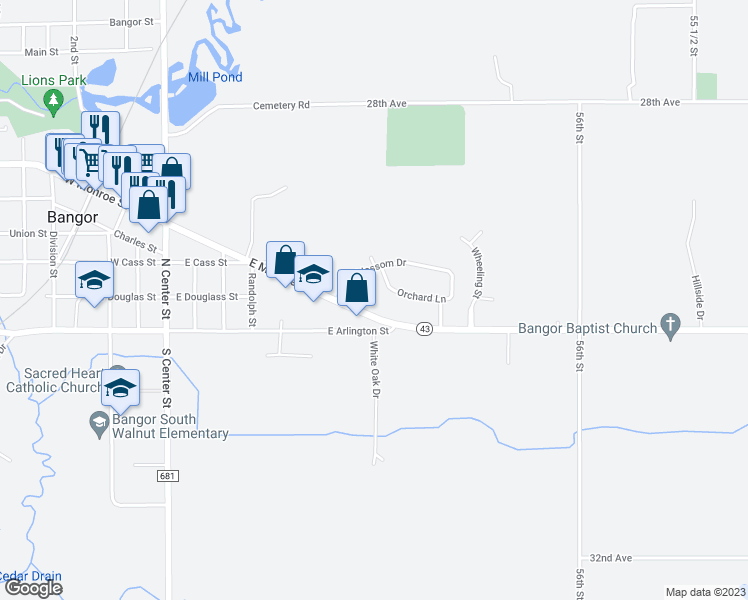 map of restaurants, bars, coffee shops, grocery stores, and more near 56924 Michigan 43 in Bangor