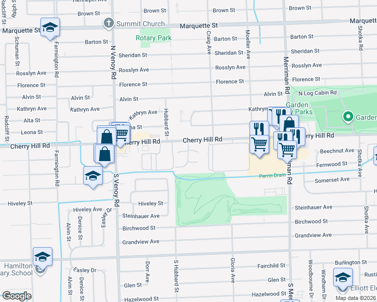 map of restaurants, bars, coffee shops, grocery stores, and more near 181 Waterbury Court in Westland