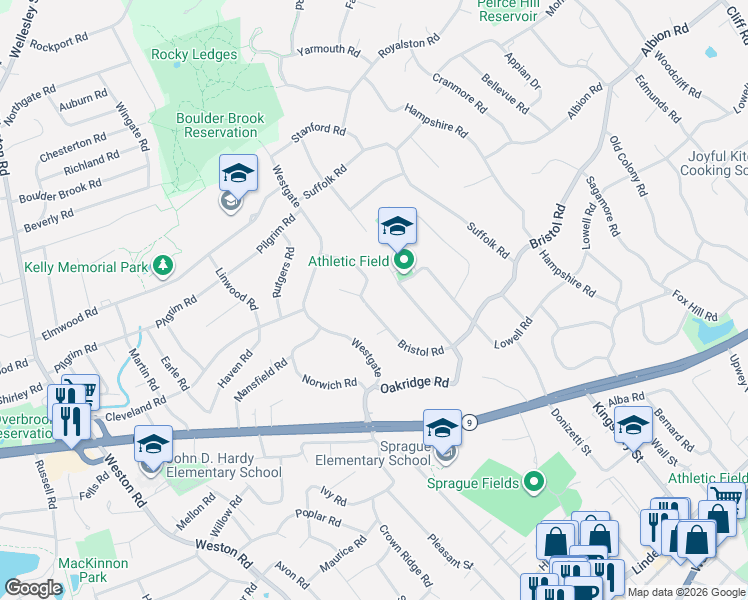 map of restaurants, bars, coffee shops, grocery stores, and more near 223 Bristol Road in Wellesley