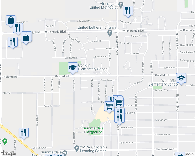 map of restaurants, bars, coffee shops, grocery stores, and more near 2804 Halsted Road in Rockford